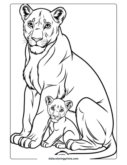 A Lioness With Her Cub In A Protective Posture, An Ideal Lion Family Coloring Page For Children To Color.