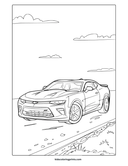 A Modern Camaro Sports Car On A Rural Road, Great For A Camaro Car Coloring Page.
