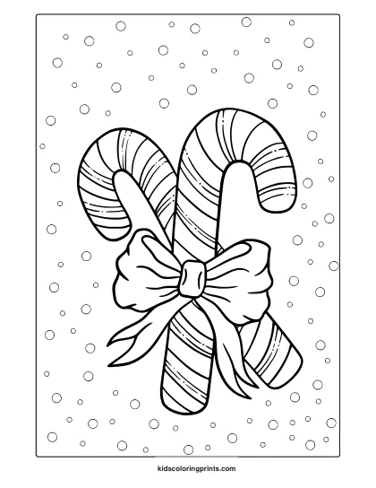 Candy Cane Coloring Page With Striped Candy Canes, Bow, And Festive Background Dots.