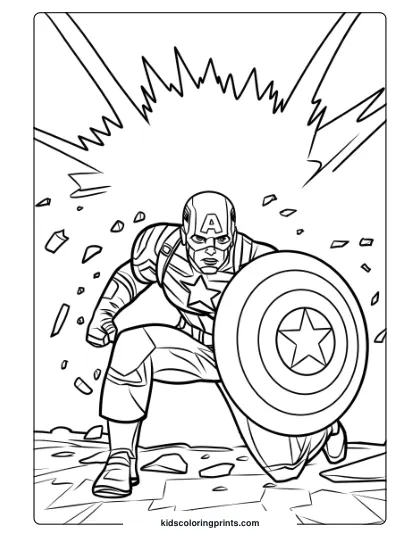 Captain America Coloring Page Depicting The Superhero In An Explosive Battle With His Shield In Focus.