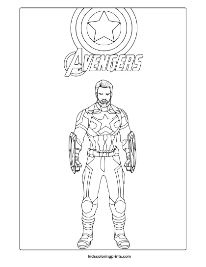 Captain America Coloring Page From Infinity War With Shield, Beard, And Bold Costume Details.