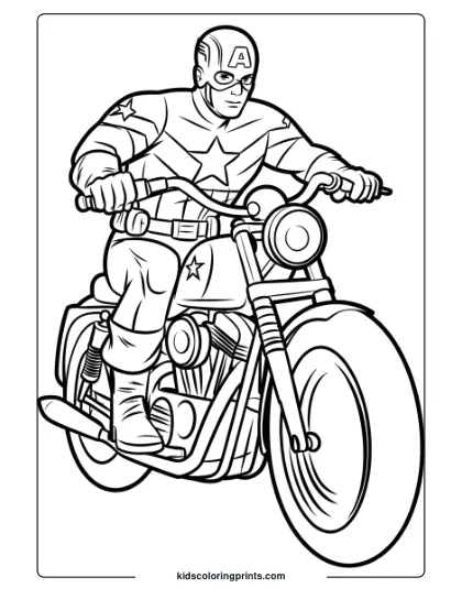 Captain America Coloring Page Featuring The Superhero Riding A Motorcycle With His Star-Emblazoned Helmet And Suit.