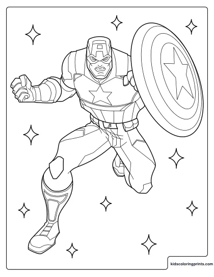 Captain America Coloring Page Showing Him In Action Holding His Shield.