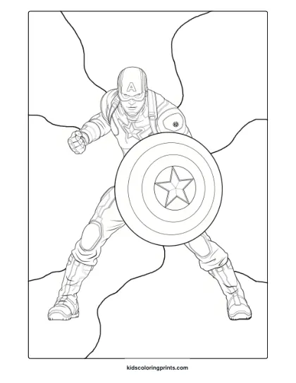 Captain America Coloring Page In Fighting Pose With Shield And Detailed Costume In Black And White.