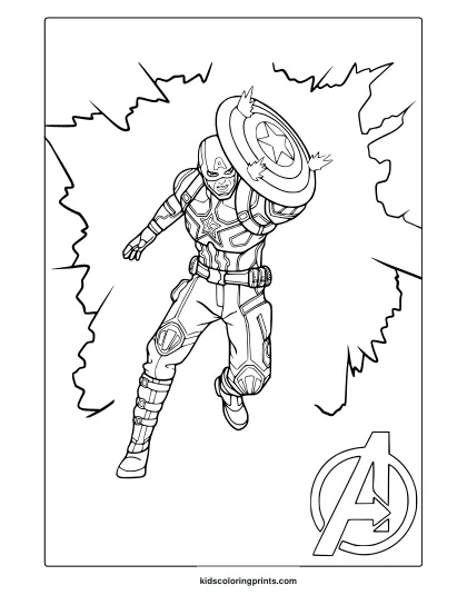 Captain America Coloring Page In Jumping Pose With Lightning Effects And Avengers Logo On Clean Background.