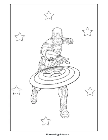 Captain America Coloring Page With Shield Throw And Starry Background In Bold Comic Style Line Art.