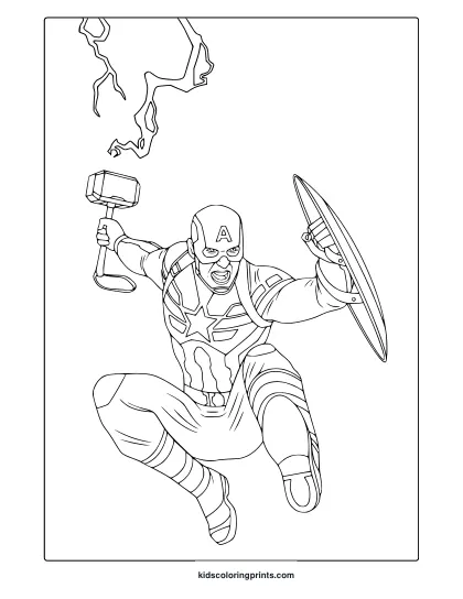 Captain America Coloring Page Holding Mjolnir And Shield With Lightning And Detailed Costume Elements.