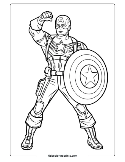 Captain America Coloring Page Showcasing The Superhero’s Iconic Pose With His Shield And Muscular Physique.