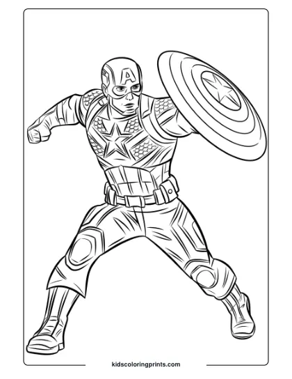 Captain America Coloring Page Showing The Superhero Mid-Action As He Throws His Star-Emblazoned Shield.