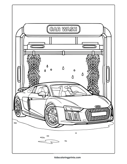 A Sports Car Under A Car Wash With Water Droplets, An Exciting Car Wash Coloring Page.