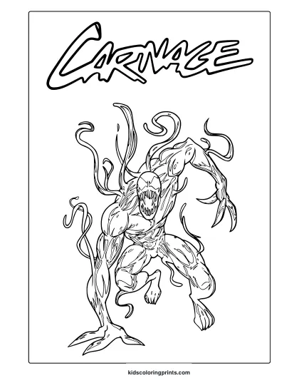 Carnage Coloring Page Showing A Muscular Symbiote In Aggressive Stance With Tentacles And Comic-Style Line Art.