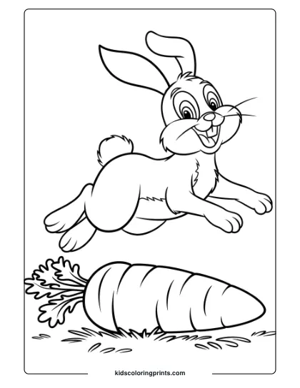 Coloring Page Of A Joyful Bunny Leaping Over A Carrot, Perfect For A Lively And Fun Coloring Session.