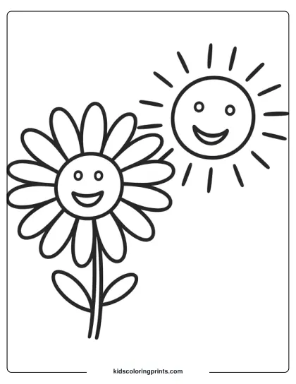 A Playful Daisy With A Smiling Sun, Both With Cheerful Faces, Creating A Lighthearted Coloring Page For Kids.