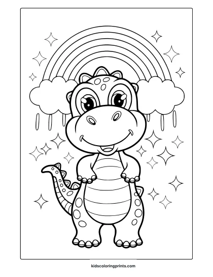 A Cartoon Baby Dinosaur Under A Rainbow Appears In This Cute And Magical Dinosaur Coloring Page To Color.