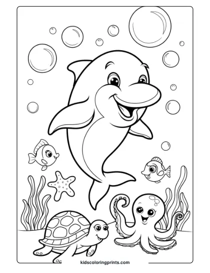 A Cartoon Dolphin Blowing Bubbles With Friends, A Delightful And Fun Coloring Page.