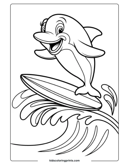 A Playful Cartoon Dolphin On A Surfboard, Surfing A Wave In A Delightful Coloring Page.