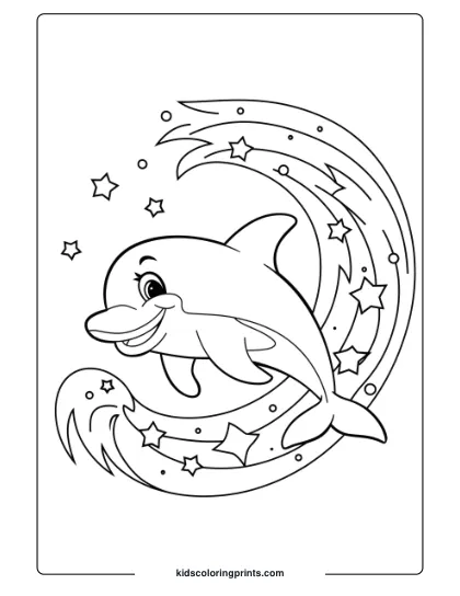 A Cartoon Dolphin Riding A Wave Of Stars, Adding Magic To A Coloring Page.