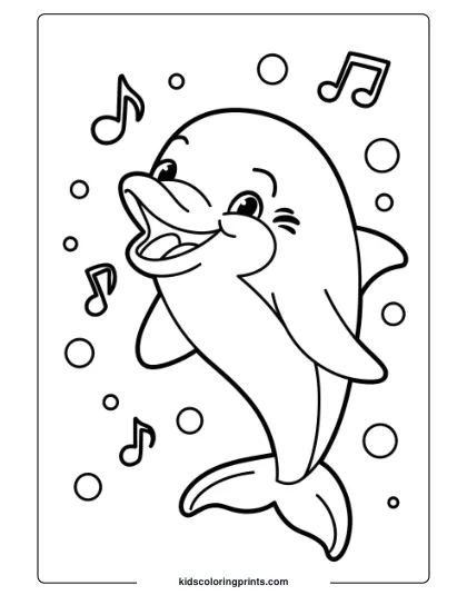 A Cartoon Dolphin Singing Underwater With Bubbles, A Cheerful Coloring Page.