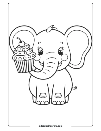 Coloring Page Of An Elephant Holding A Cupcake.