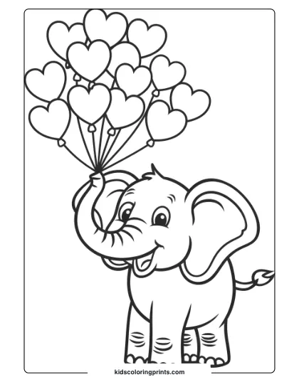 Coloring Page Of An Elephant Holding Heart-Shaped Balloons.