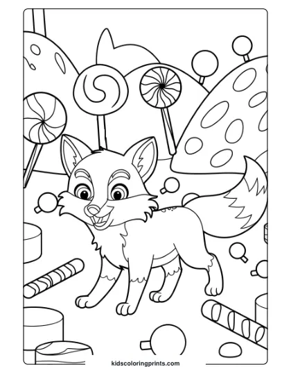Fox Coloring Page Of A Cartoon Fox In Candyland, With Lollipops, Chocolates, And A Spiral Lollipop Backdrop, Ideal For Kids.