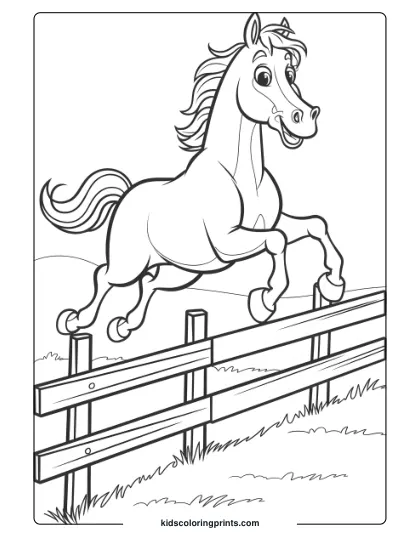 A Cartoon Horse Mid-Jump Over A Fence, Making For An Exciting Coloring Page For Kids.