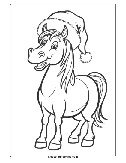A Holiday-Themed Horse With Santa Hat, Perfect For A Christmas Coloring Page.