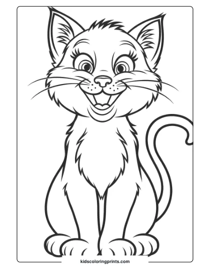 A Cartoon Kitten With A Joyful Smile, Perfect For A Fun And Lively Coloring Page.