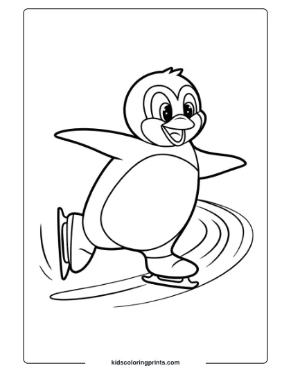 A Cartoon Penguin Ice Skating With A Joyful Expression, A Fun Winter Coloring Page For Kids.