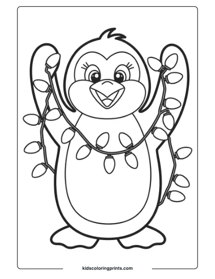 A Penguin Wrapped In Christmas Lights, Bringing Holiday Cheer, A Fun And Festive Penguin Coloring Page.