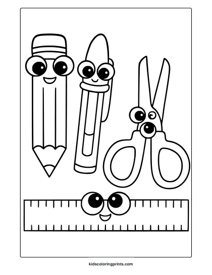 Coloring Page With Cartoon Pencil, Marker, Scissors, And Ruler With Cute Faces.