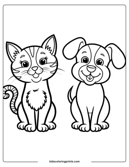 Cat And Puppy Duo Sitting Side By Side In A Coloring Page.
