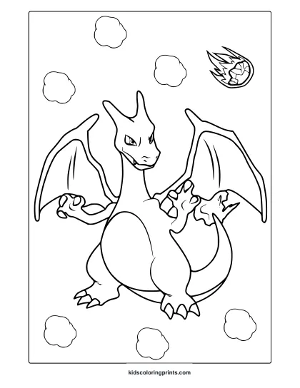 Charizard With Open Wings And Comet Detail On A Dramatic Pokémon Coloring Page.