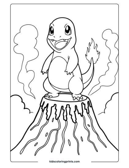 Charmander Coloring Page With Charmander On A Volcanic Mound, Tail Lit And Smiling Under A Clear Sky.