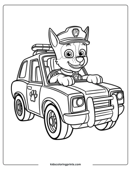 Chase Coloring Page Showing Him In His Police Car, Excited For A New Chase.