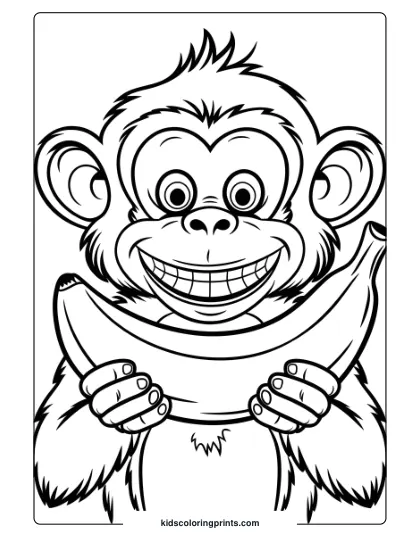 This Coloring Page Shows A Cheerful Monkey Hugging A Banana With A Wide, Playful Grin.