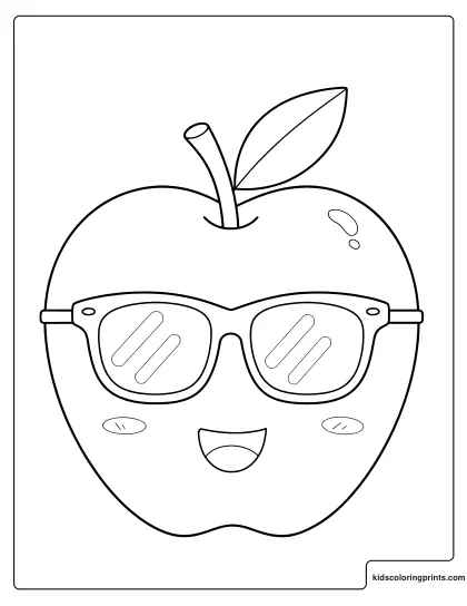 Cheerful Apple Coloring Page Wearing Sunglasses.