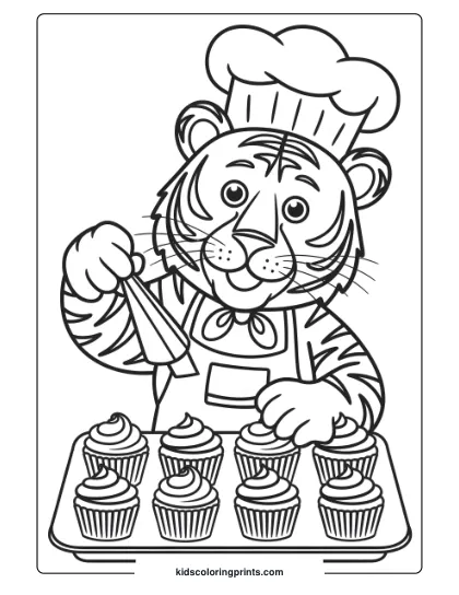 Chef Tiger Coloring Page With A Tiger In A Chef Hat, Decorating Cupcakes With Frosting.