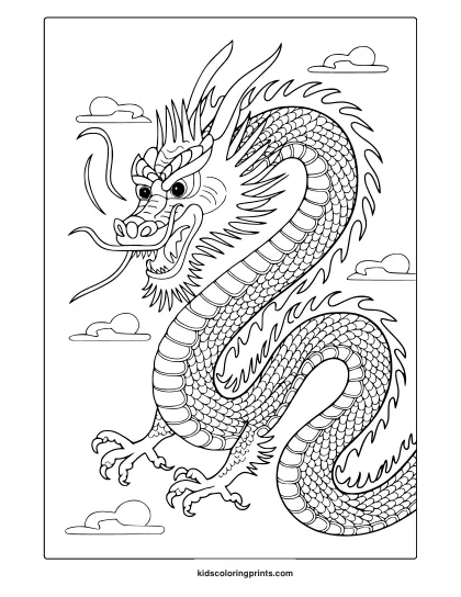 A Chinese Year Of The Dragon Coloring Page Featuring A Detailed, Serpentine Dragon With Artistic Patterns And Flowing Tendrils.