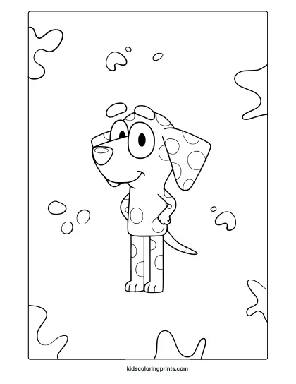 Chloe From Bluey Coloring Page With Dalmatian Character In Polka Dotted Clothes And Wavy Lines.