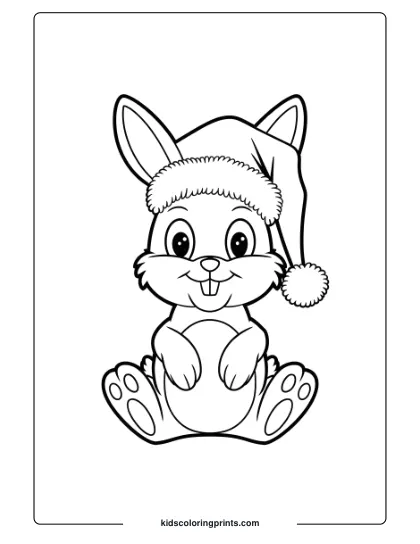 Coloring Page Of A Bunny In A Santa Hat, Bringing Festive Cheer To Your Holiday-Themed Coloring.