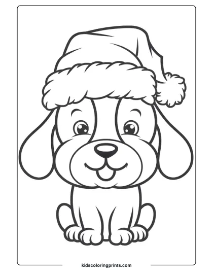 Dog Wearing A Santa Hat Sitting With A Cheerful Expression In A Christmas Dog Coloring Page.