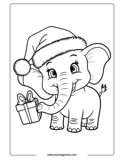 Coloring Page Of An Elephant In A Santa Hat With A Gift.