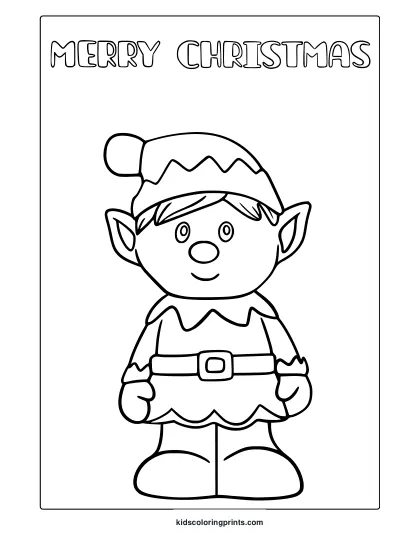 Christmas Elf Coloring Page With Hat, Belt, And Merry Christmas Text.