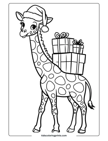 Christmas-Themed Coloring Page With A Cheerful Giraffe Carrying Presents, Great For Holiday Coloring.