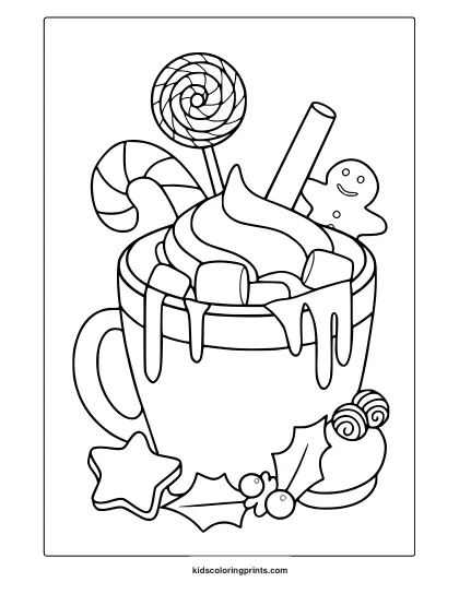 Christmas Hot Chocolate Coloring Page With Whipped Cream, Candy Cane, And Gingerbread Man.