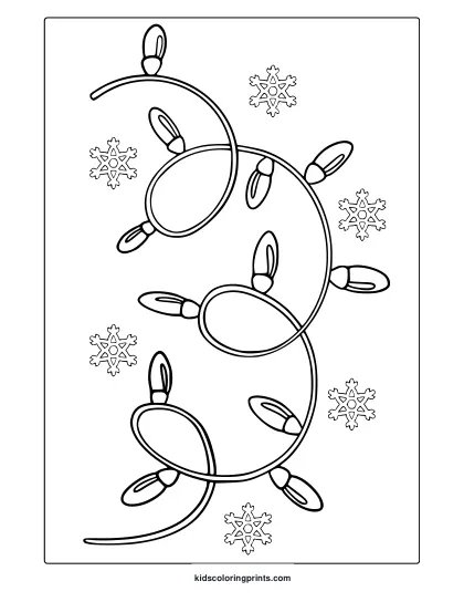 Christmas Lights Coloring Page With Spiral Bulbs And Snowflake Decorations.