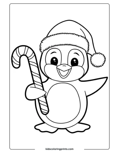 A Christmas Penguin With A Santa Hat And Candy Cane, Ideal For A Holiday-Themed Penguin Coloring Page.