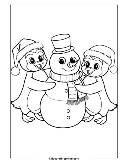 Two Penguins With A Snowman, Creating A Joyful Holiday Scene, Perfect For A Christmas Coloring Page.