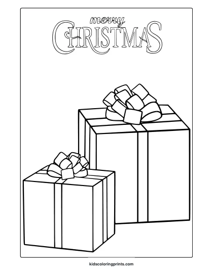 Christmas Presents Coloring Page With Detailed Ribbons And Merry Christmas Text.